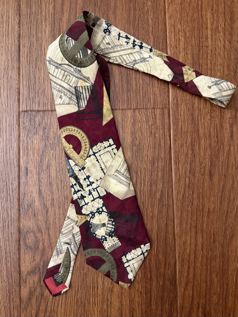 Structure Architectural Drafting Tools Necktie Burgundy Geometric Print